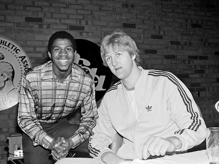 Magic Johnson (left) and Larry Bird facing the press before the 1979 NCAA Final. Their storied rivalry in the NBA began at that game, the most watched in the history of college basketball.