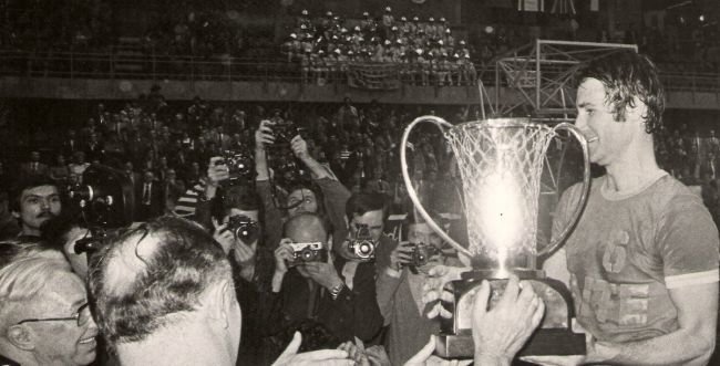 Tal Brody displays the EuroCup trophy after leading Maccabi Tel-Aviv to victory at the 1977 European Cup championship. An emotional moment for the country, it was Israel's first win at the premier tournament for club competition.
