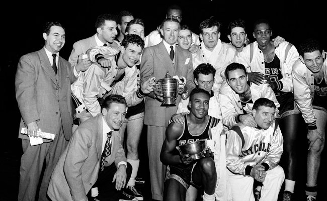 The City College of New York basketball team, winners of the 1950 NIT and NCAA tournament championships. The explosion of a game-fixing scandal the following year would mar their legacy and the reputation of NY as the Mecca of college basketball.