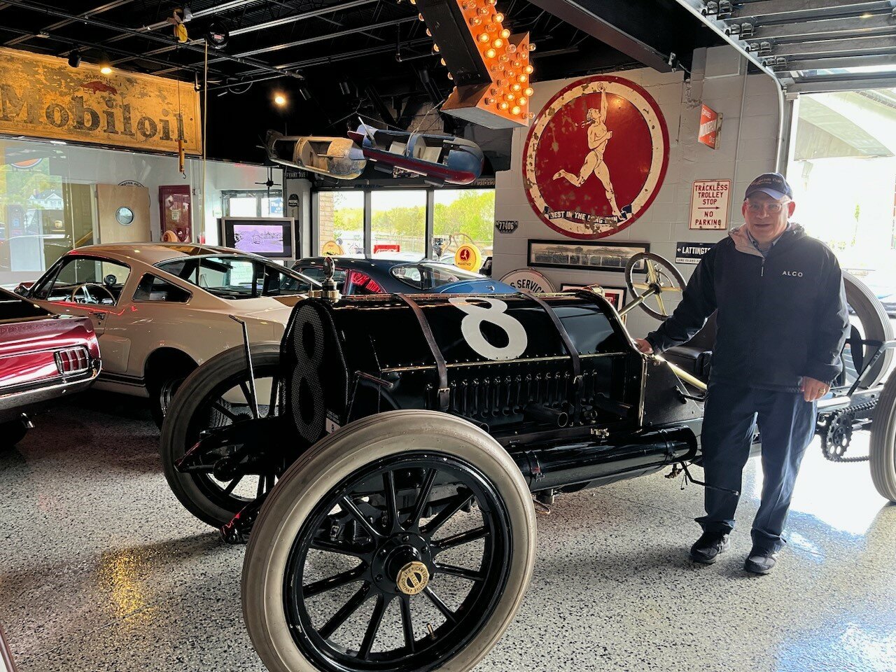 Vintage car collector Howard Kroplick with his 1909 ALCO-6 Racer, which won the 1909 and 1910 Vanderbilt Cup and participated in the first Indianapolis 500 race (1911).