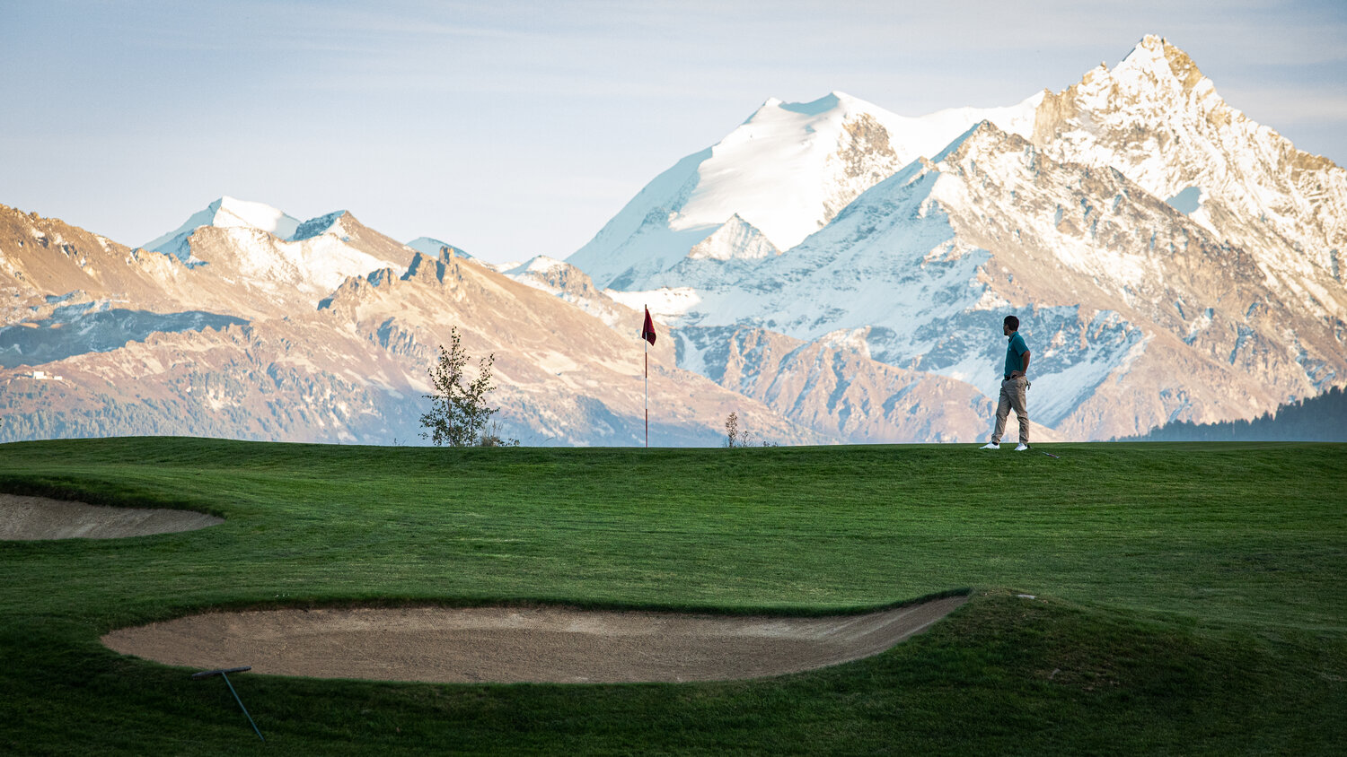 The iconic par-4 7th hole at Switzerland's Crans-Sur-Sierre Golf Club, home of the Omega European Masters.
