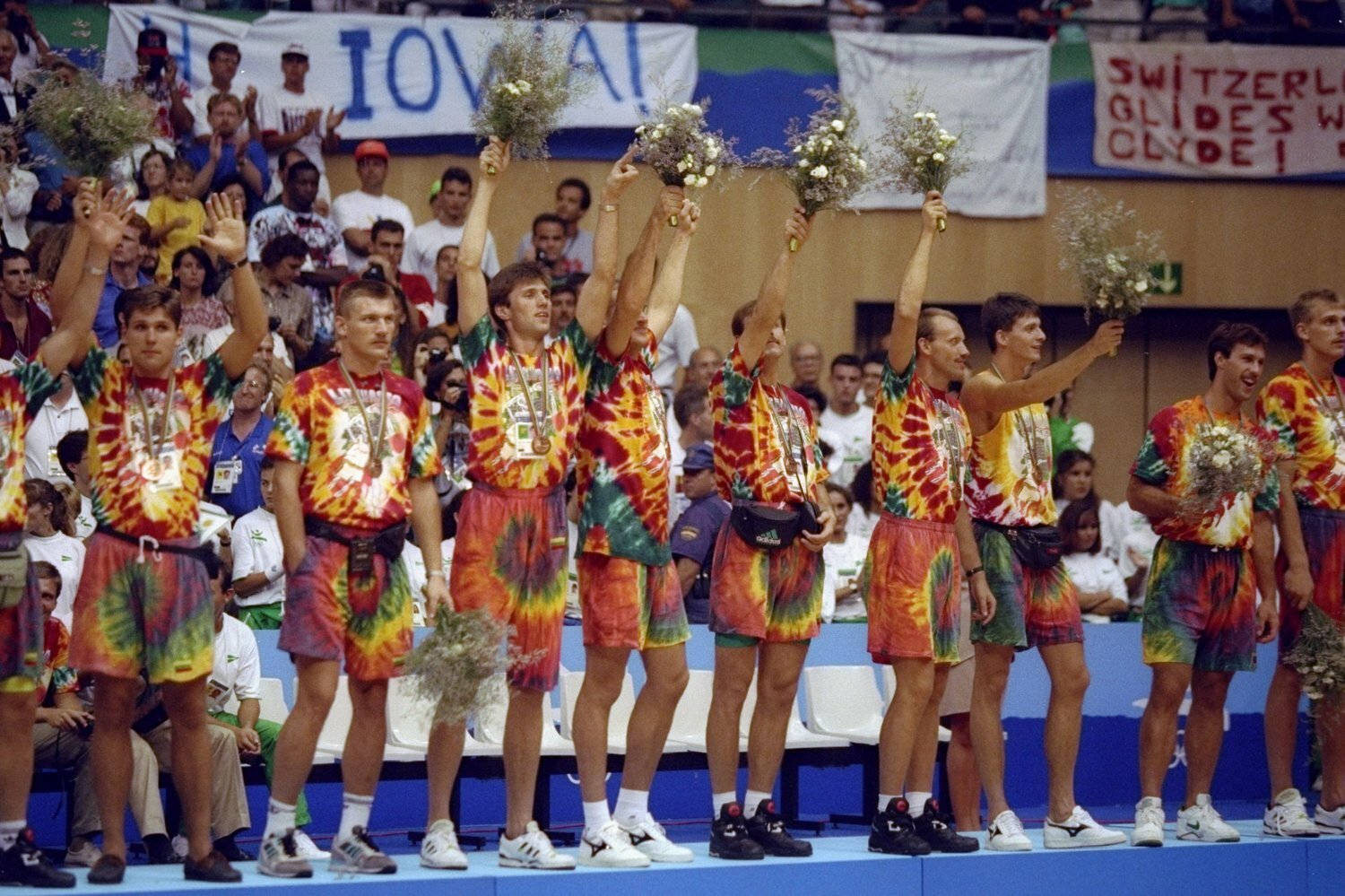 Bronze winners at the 1992 Olympics, the Lithuanian basketball team accept their medals wearing Grateful Dead tie-dyes.
